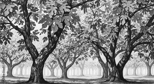 Monochromatic illustration of a mystical forest with fig trees