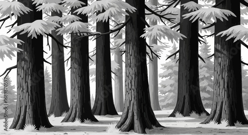 Monochromatic illustration showcasing a dense forest with intricate tree details