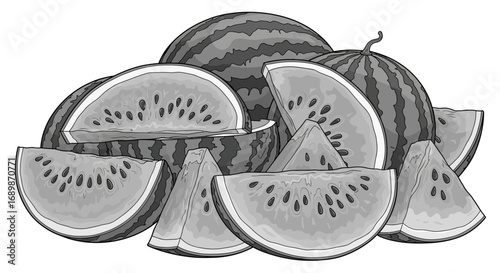 Monochromatic watermelon medley, a study in greyscale and summer fruit