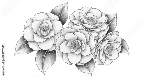 Monochrome camellia blossom cluster with delicate leaf illustrations