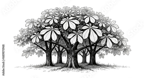 Monochrome Chestnut Trees Grove Illustration with Detailed Foliage and Grass