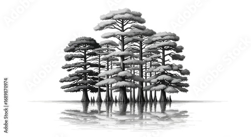 Monochrome Cypress Trees reflected on the Water Surface Scenery Illustration