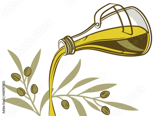 Vector illustration of olive oil pouring from glass bottle onto olive branch