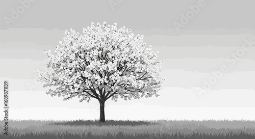 Monochrome floral tree in full bloom, isolated on a serene horizon