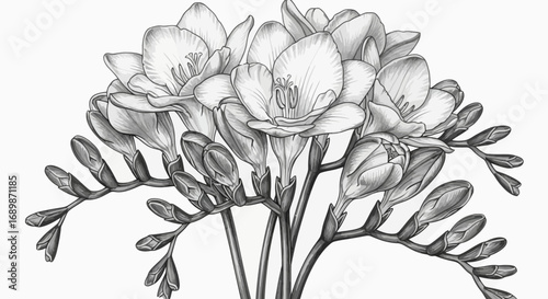 Monochrome freesia floral composition, a timeless floral illustration