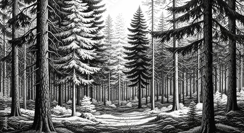 Monochrome forest illustration with dense tree trunks and filtered sunlight