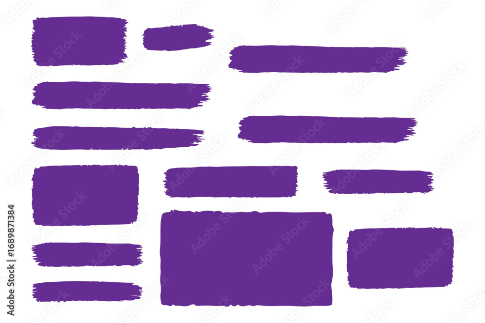 Obraz premium Set of bold dried brush strokes isolated on white, including grunge acrylic textures, hand-drawn thick lines, rectangles, banners, sketchy horizontal strokes, black ink traces, and stencil silhouettes