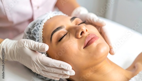 Woman with closed eyes receiving a facial massage. A technician wearing gloves gently touches her face in a bright, clean setting with a white bedsheet background