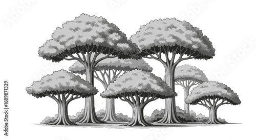 Monochrome grove illustration with rounded canopies and sturdy trunks