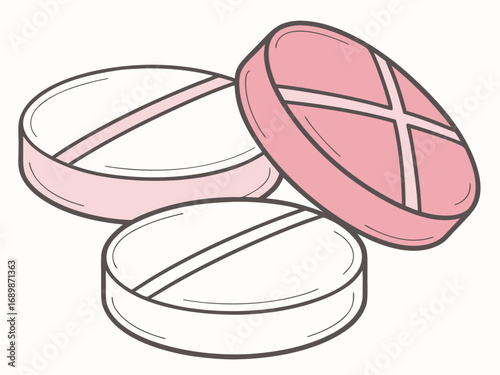 Vector illustration of three round pastel colored chewable vitamin tablets in pastel colors