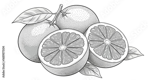 Monochrome illustration of grapefruit composition with leaves and slices