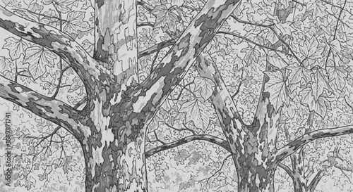 Monochrome representation of autumnal plane trees, artistic illustration