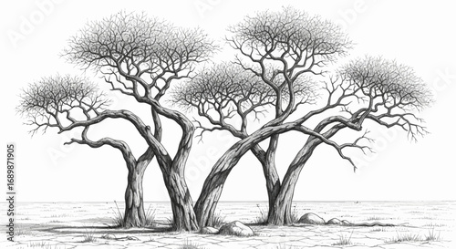 Monochrome Treescape Depicting Nature's Artistry in an Open Landscape
