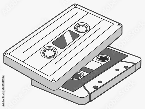 Scalable vector illustration of two stacked cassette tapes in outline style