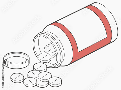 Vector illustration of open medicine bottle spilling pills scalable eps icon