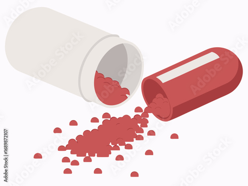 Open red capsule spilling medicine powder pharmaceutical health care vector