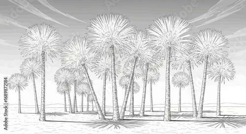 Serene grayscale palm tree grove in an artistic, linear representation