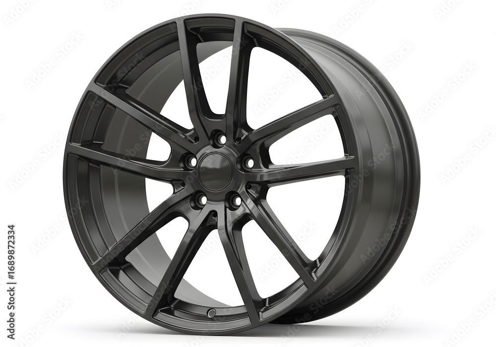 Obraz premium Sleek gunmetal alloy wheel with modern split-spoke design for high-performance vehicles - upgrade your ride with style and precision engineering