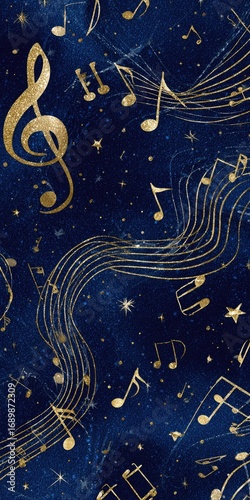 A navy blue background strewn with gold musical notes, a treble clef, and stars, creating a celestial music-themed pattern