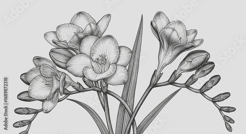 Sophisticated monochrome freesia bouquet, delicate floral arrangement design
