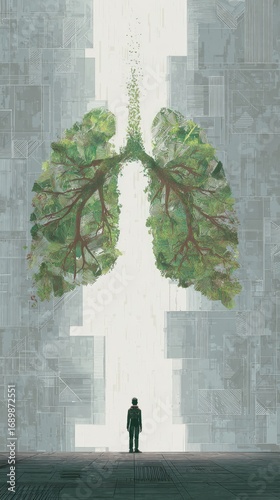 A lone figure stands before a pair of lungs formed from lush greenery, set within a stark, grey, urban-like chasm.