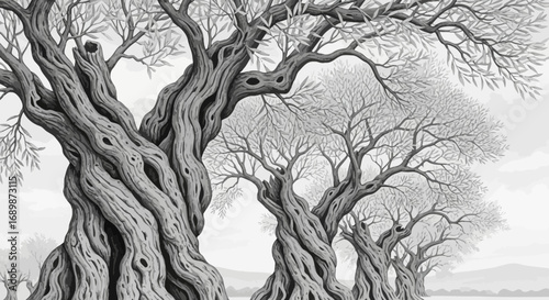 Timeless Tranquility: A grayscale depiction of ancient olive trees grove