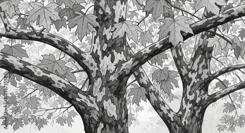 Artistic grayscale sycamore trees sketch with mottled bark detail