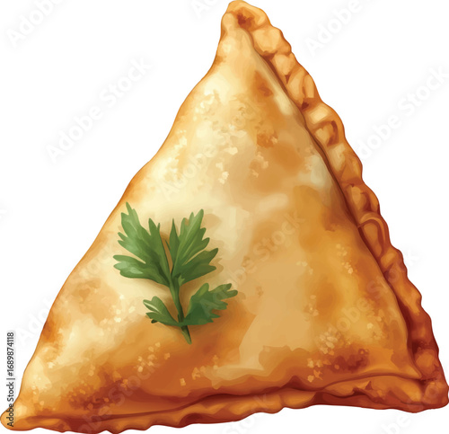 Triangular savory pastry with parsley garnish samosa