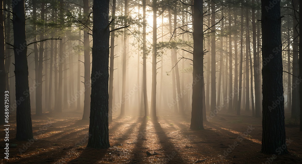 Obraz premium Sunlight streams through a dense forest, creating long shadows and a misty atmosphere among the tall trees.