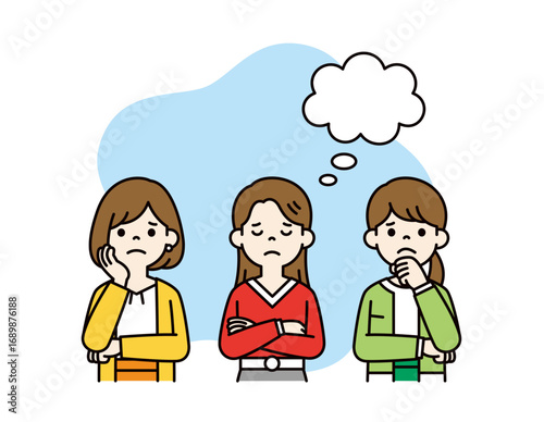 吹き出しと、腕を組んで悩んでいる3人の若い女性の上半身ベクターイラスト素材＿カラー
