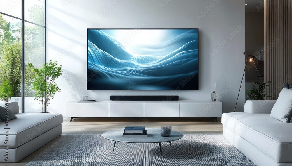 Fototapeta premium Modern living room with large flat screen TV displaying abstract blue waves, white low TV console, round coffee table, two white sofas, indoor plants, and natural light from window