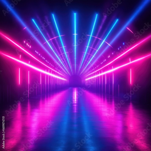 Futuristic illuminated tunnel with vibrant neon pink and blue lights reflecting on polished floor creating a symmetrical glowing pathway
