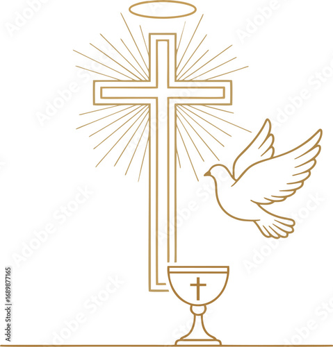 Christian Cross, Dove, and Chalice Line Art – Holy Communion Symbol Illustration