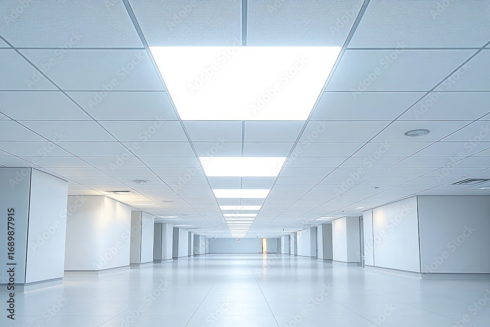 Fototapeta premium Empty modern office space with white tiled ceiling lights, polished floor, and white walls extending into the distance, creating a bright and clean atmosphere