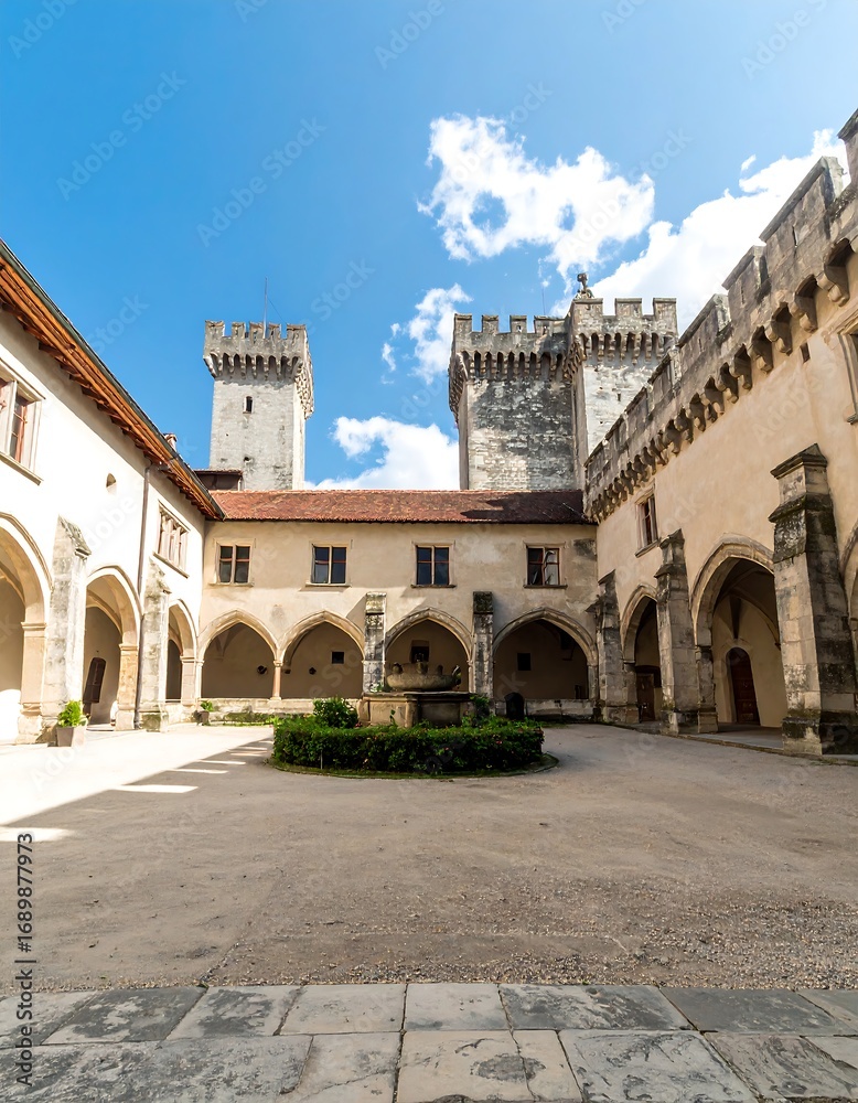 Obraz premium Scenic view of a historic castle courtyard under blue sky