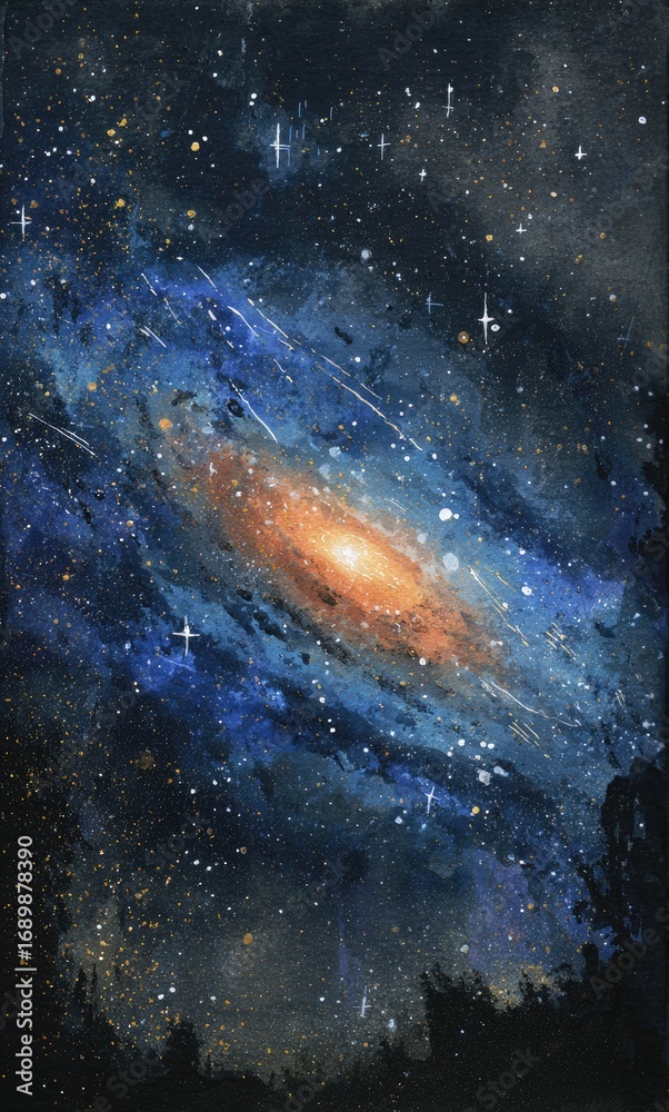 Obraz premium A swirling spiral galaxy depicted in blues, oranges, and golds against a dark, star-studded backdrop, with a silhouetted landscape at the base