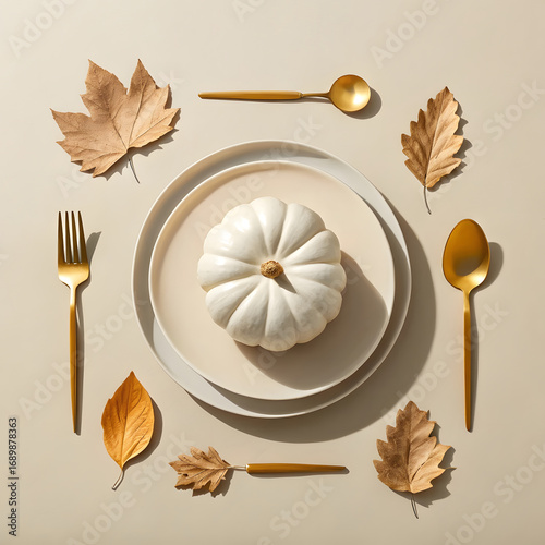 White Pumpkin With Golden Cutlery And Autumn Leaves