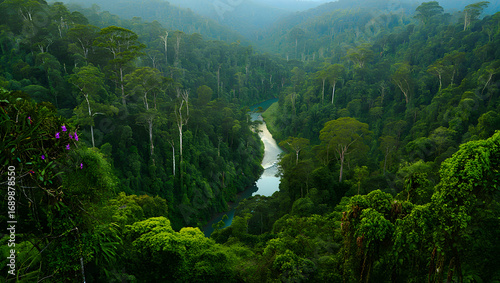High angle view of a pristine river winding through a dense and misty tropical rainforest valley