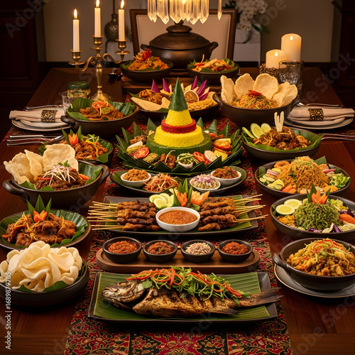An exquisite and grand Indonesian Rijsttafel banquet featuring a traditional Tumpeng centerpiece, satay, and assorted culinary delights