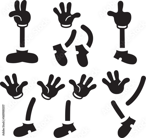 set of legs hands, retro cartoon legs and hands with gloves bundle