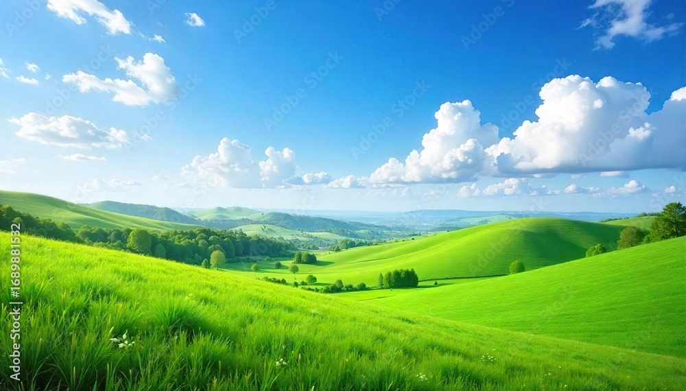 Obraz premium Serene vista of rolling hills, lush green meadows under a vast blue sky, dotted with fluffy white clouds Perfect for nature, travel, and environmental themes , nature, habitat