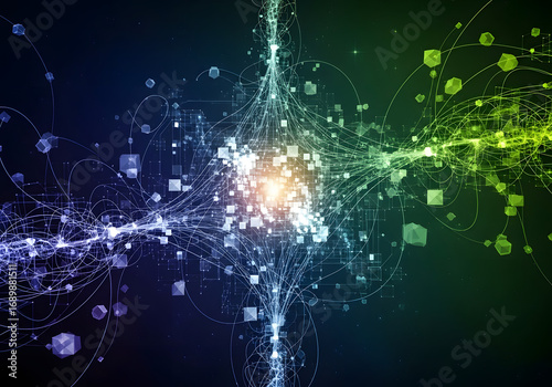 Conceptual visualization of a high-energy collision creating a stream of quantum particles and flowing digital data