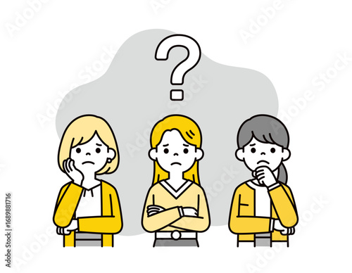 はてなマークと、困った表情の20代・30代の複数の女性の上半身ベクターイラスト素材