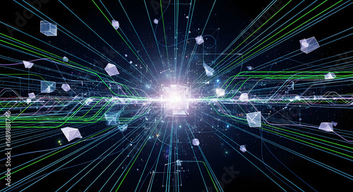 Conceptual representation of a digital big bang, with information streams and data blocks exploding outward from a central technological singularity