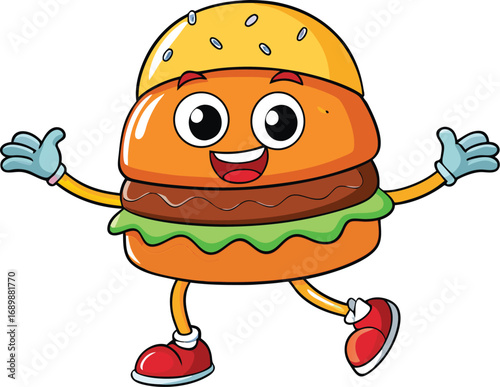 Vector art of happy cartoon burger character with arms and legs