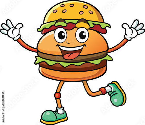 Vector art of funny cartoon burger character with arms and legs
