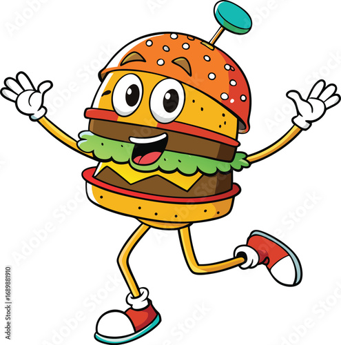 Vector art of cartoon burger character running with a happy expression