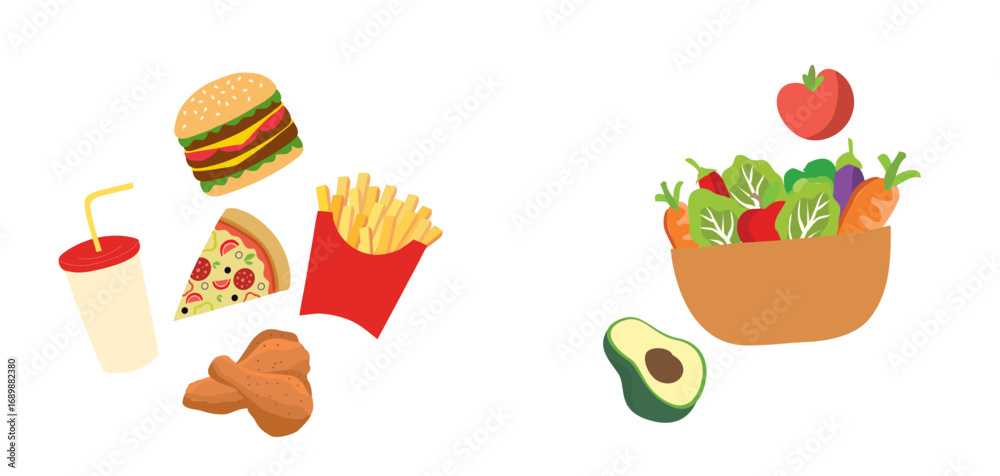 Fototapeta premium Good and bad food nutrition between fast food and healthy food vector illustration