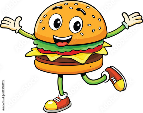 Vector art of happy cartoon burger character is dancing around
