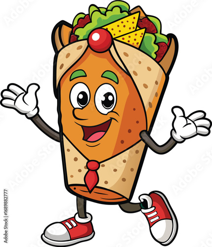 Vector art of happy cartoon burrito character is greeting someone
